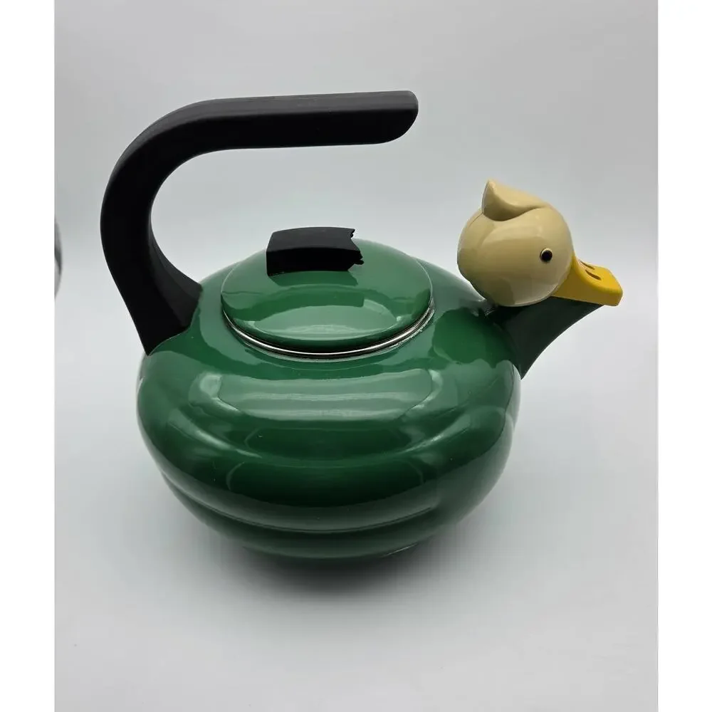 Vintage Kamenstein Green Enamelware Quackers Duck Whistling Tea Kettle Pot